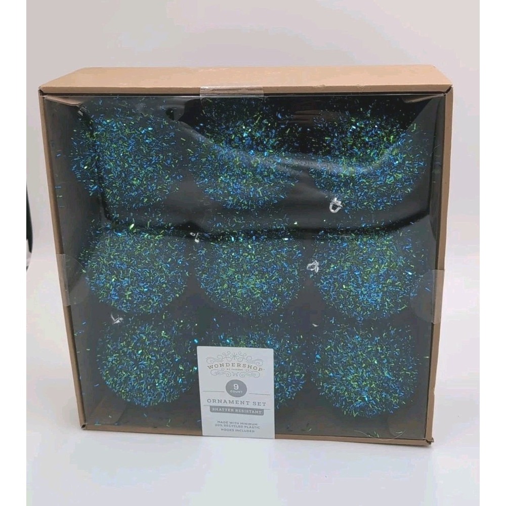 Wondershop - 9pc blue and green Tinsel Ball Christmas Tree Ornament Set